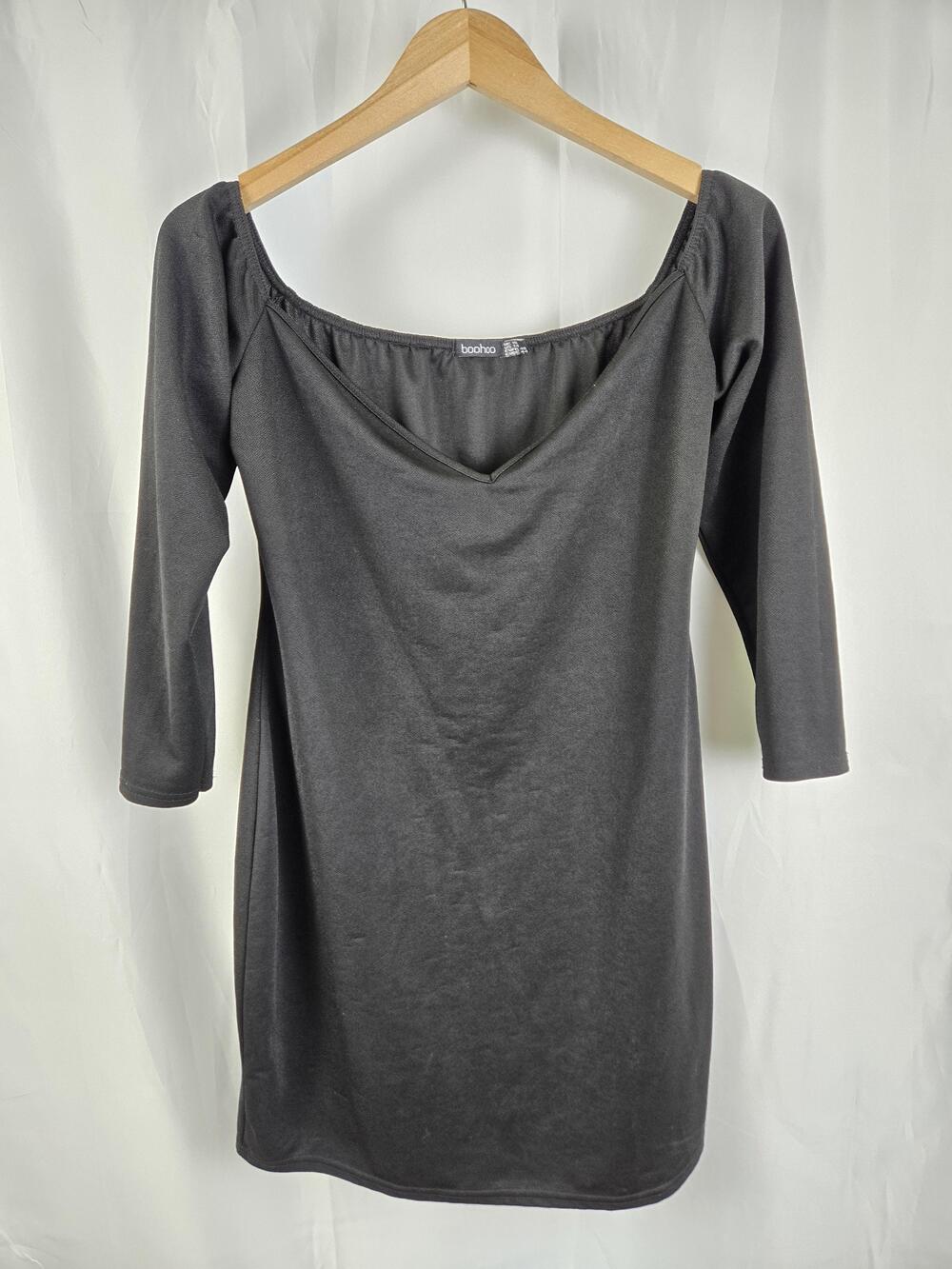 Boohoo Dress Womens 14 Gray Off Shoulder 3/4 Sleeve Bodycon Jersey Knit Mini